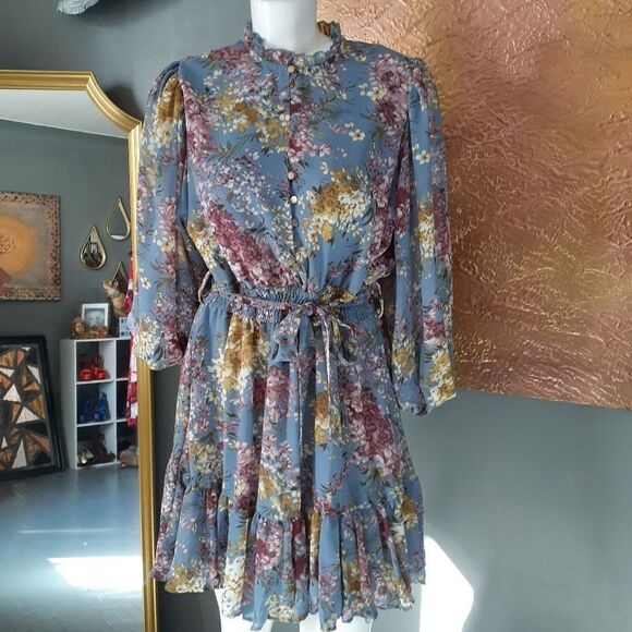 Chicwish Floral Mini Dress - Blue and Pink - Picture 3 of 13